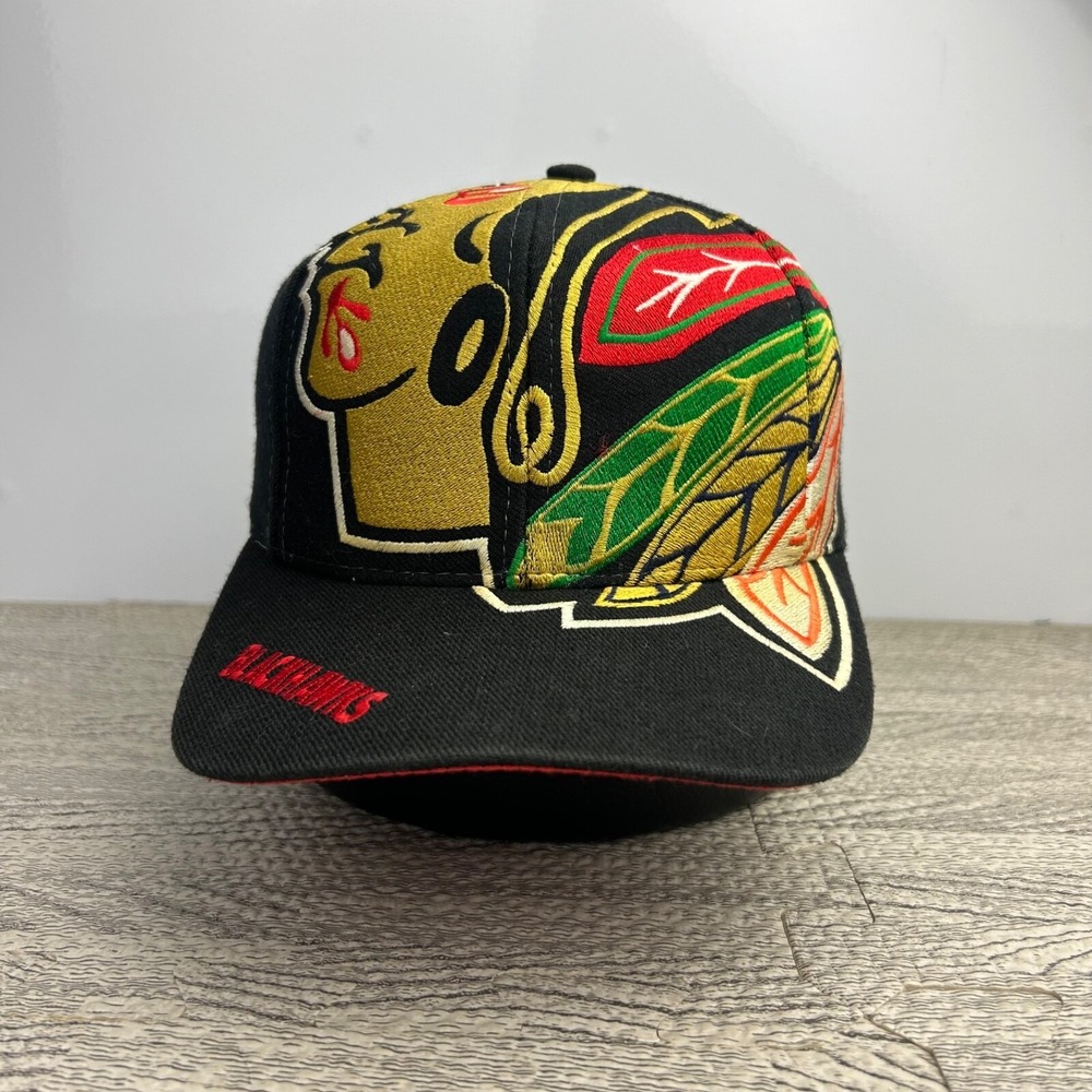 Vintage 90s Chicago Blackhawks Big Logo The Game Hat Cap Snapback Black NHL